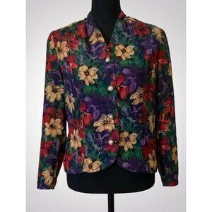 Vintage Leslie Fay Floral Blouse - Petite 10 Purple Pearl Button 80s Jacket Top